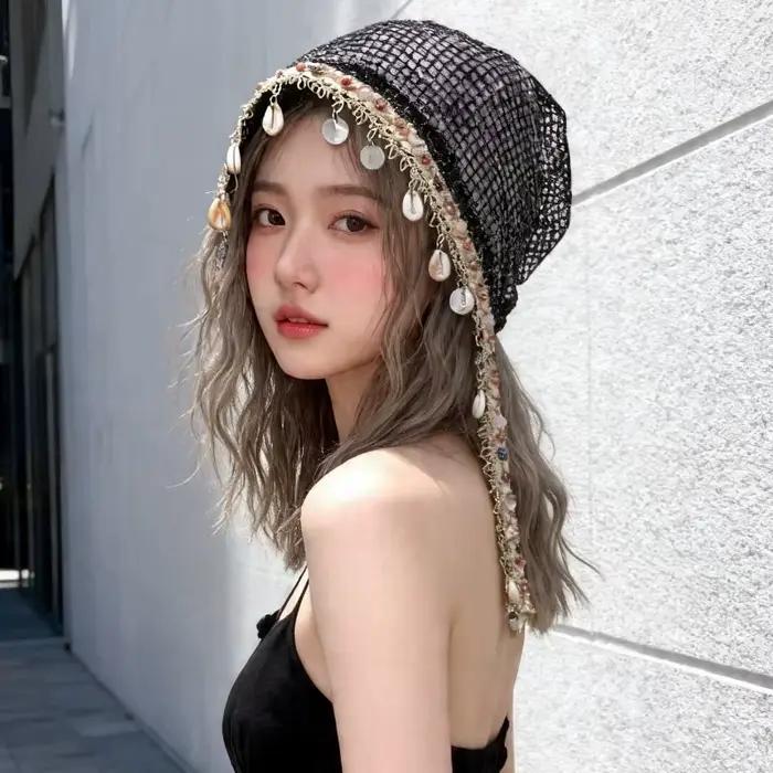 Bonnet élégant pour femme style bohème avec pompon coquillage – Idéal printemps-été pour les voyages et les photos