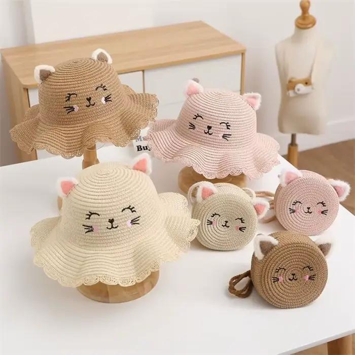 Chapeau de soleil de paille pour enfants motif chat mignon réglable plage été occasions spéciales