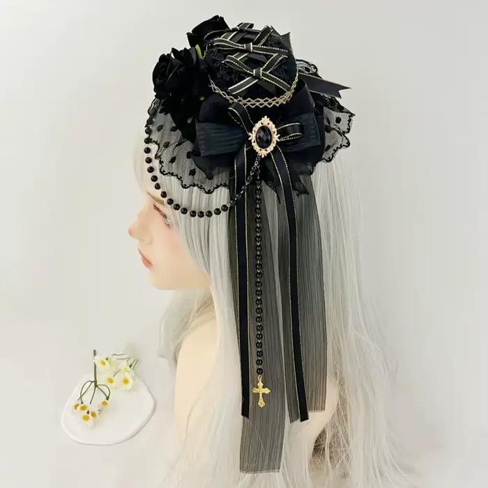 Chapeau gothique Lolita noir et barrettes à fleurs de roses pour cosplay et tenues gothiques élégantes femmes hommes occasions spéciales