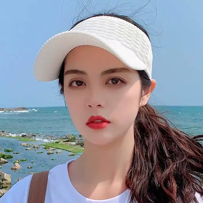 Mode plis conception femmes vide haut-de-forme été couleur unie grand bord crème solaire chapeau en plein air élastique tissu sport casquette de soleil