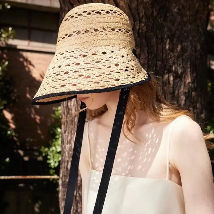 Chapeaux de soleil en raphia véritable français à lacets pour femmes