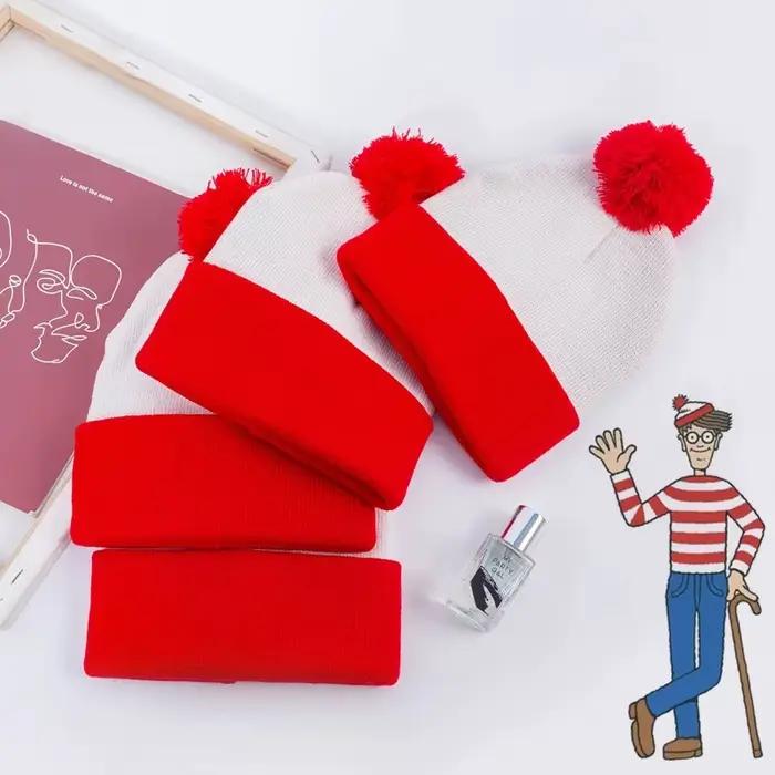 Où est Wally Waldo Chapeau tricoté rouge blanc Cosplay Halloween cadeau de Noël hiver chaud épais casquette femmes et hommes chapeaux de Saint-Valentin