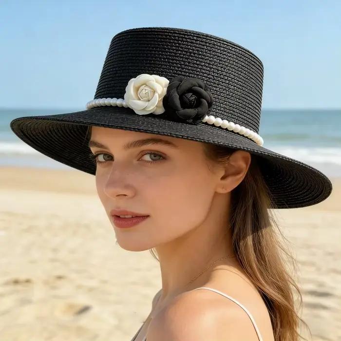 Chapeau de paille rétro de style français avec décoration en perles