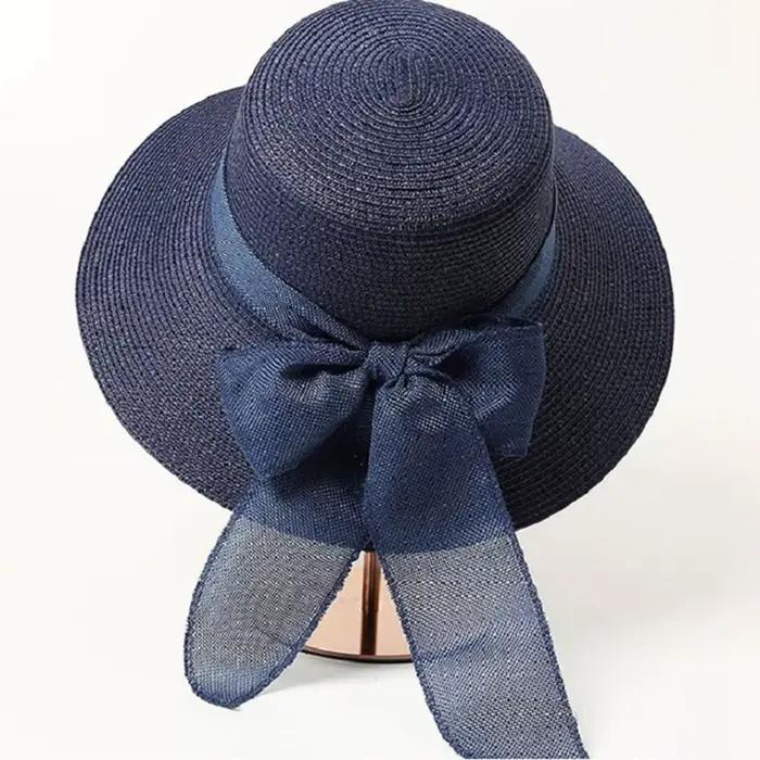 Chapeau de soleil d'été pour femme style britannique paille tressée nœud et ruban protection solaire plage vacances