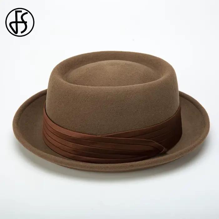 FS rouleau bord noir porc tarte chapeau pour hommes ivoire blanc laine Fedoras hiver Jazz casquette église Panama Gangsters casquettes messieurs 2025