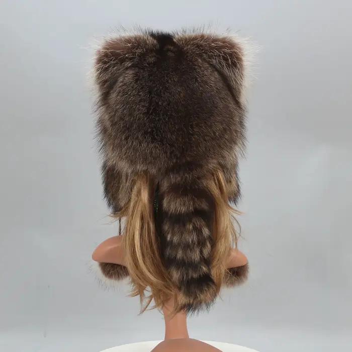 Chapeau Bombardier en Fourrure de Raton Laveur Naturelle pour Femme et Fille