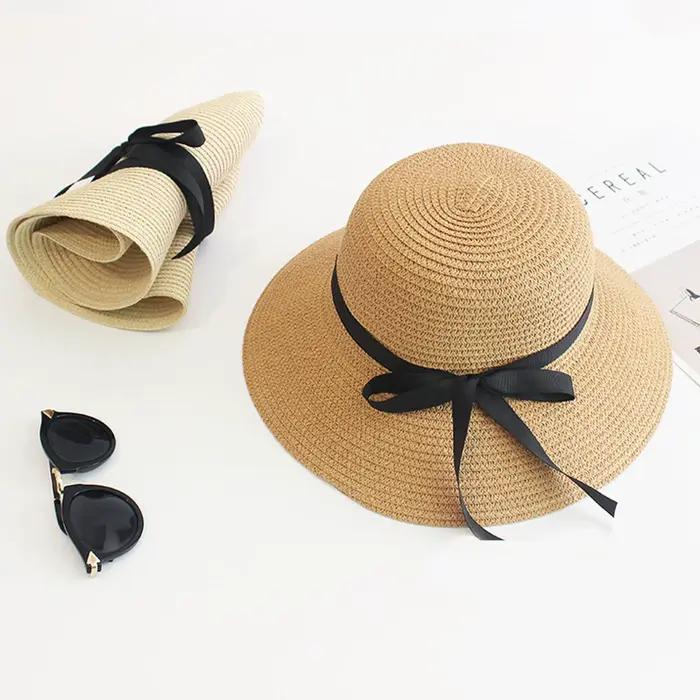 Chapeau de soleil en paille pliable pour femmes