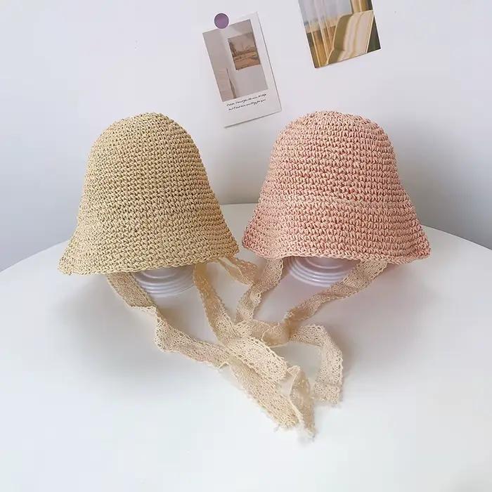 Chapeau d'été en paille avec nœud en dentelle pour bébé filles et garçons 4 à 24 mois chapeau de soleil réglable pour sorties en plein air et vacances familiales
