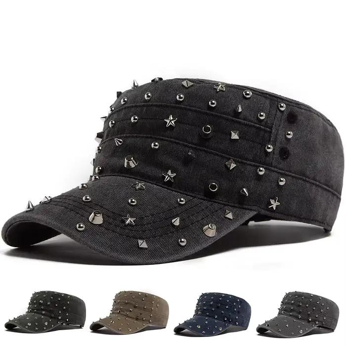 Chapeau plat rétro Punk Rock Hip Hop Casquette de Baseball Y2K Visière Camionneur Casquette Militaire réglable pour femmes et hommes occasions extérieures toute l'année