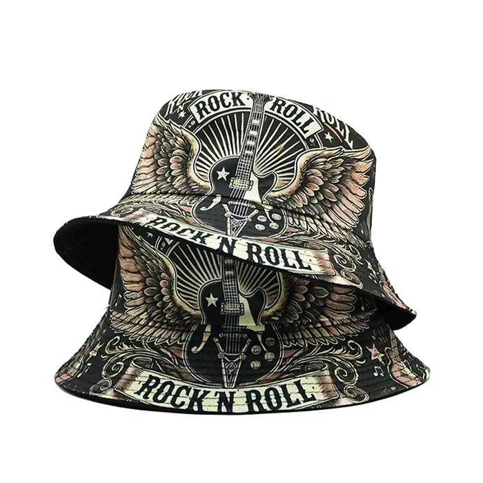 Chapeau Bob Double Couche Style Rock & Roll avec Imprimé Guitare