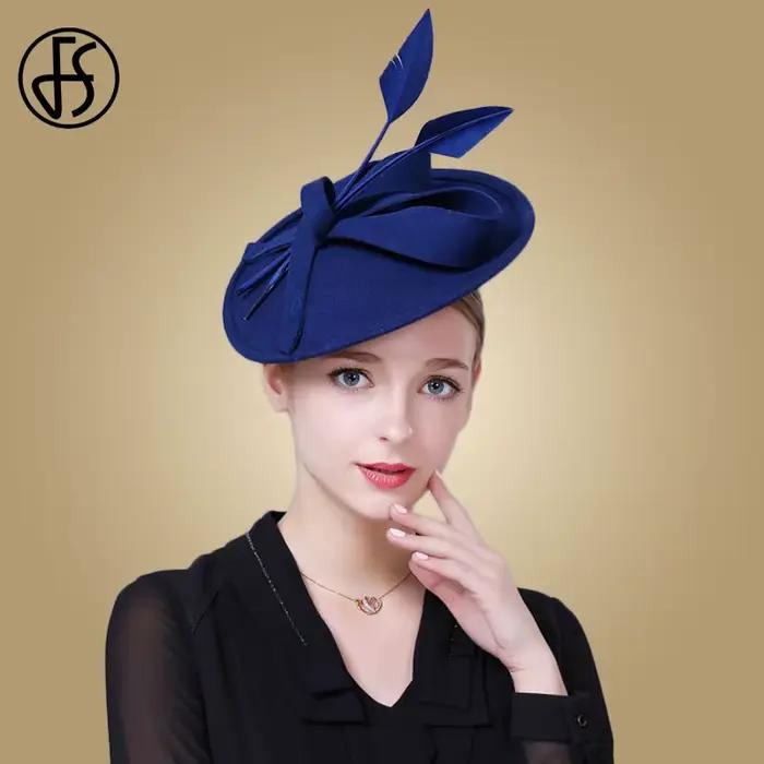 Fascinateurs Fedora en Laine Élégants pour Femmes Couleur Noir Rouge Bleu Occasion Cérémonie Mariage Église Robe de Soirée Thé Plume