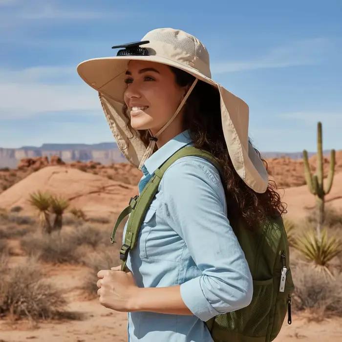 Chapeau de pêche solaire UPF50+ avec ventilateur intégré et châle