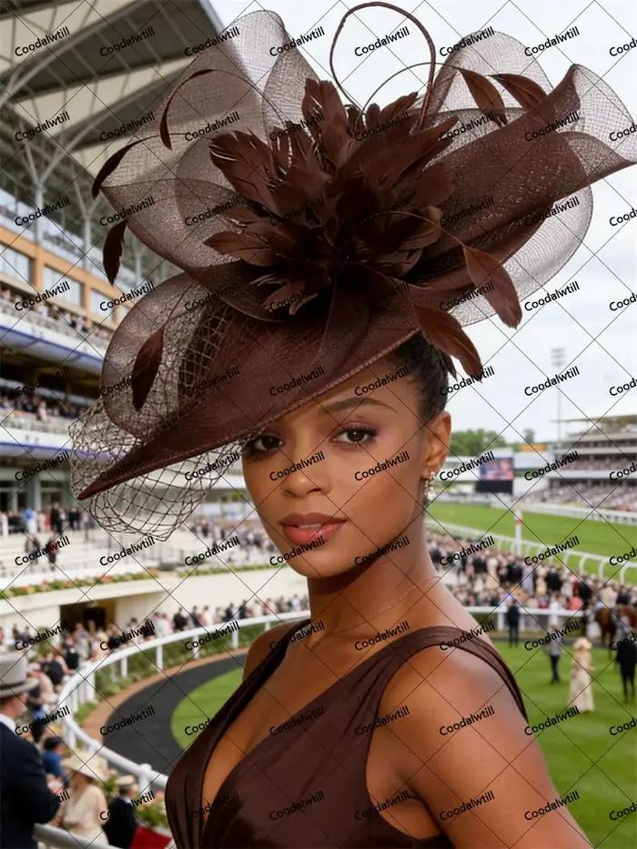 Voiles marron grand Kentucky Fascinator Chapeau femmes dames course casque mariée fête de mariage Royal Ascot