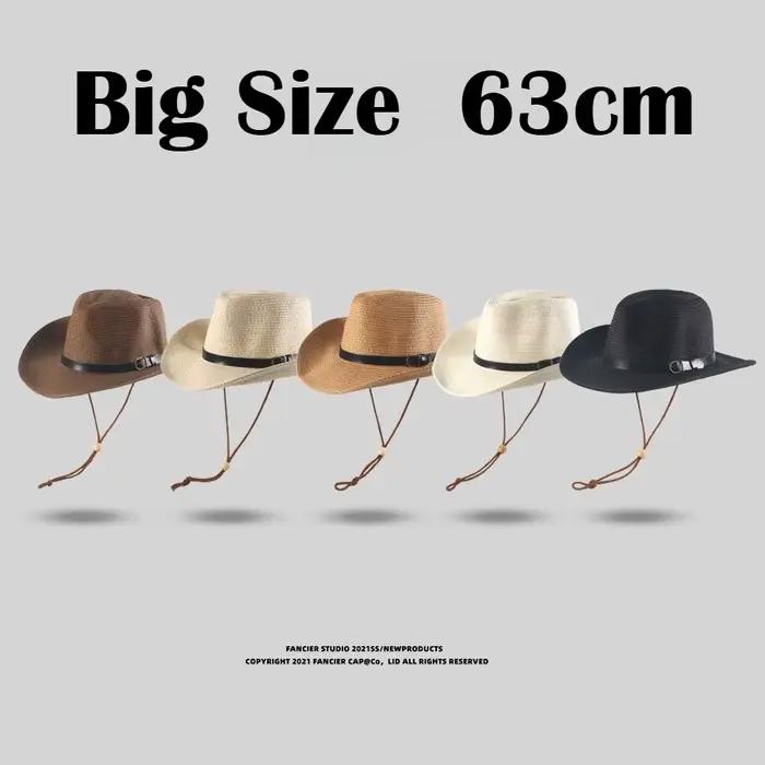 Chapeau de paille de cowboy western d'été 62 cm à large bord roulé pour hommes et femmes