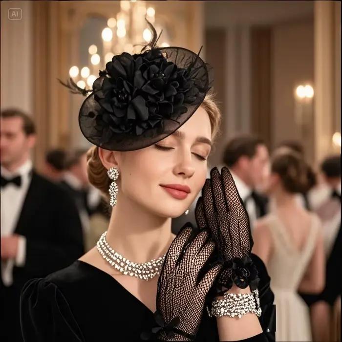 Femmes élégantes 3D pince florale chapeaux fascinateurs et gants en maille ensemble pour mariage thé fête Vintage bal