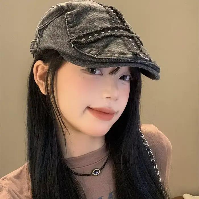 Casquette rétro en denim noir avec rivets pour filles style années 2000 décontracté vintage pour toutes les saisons