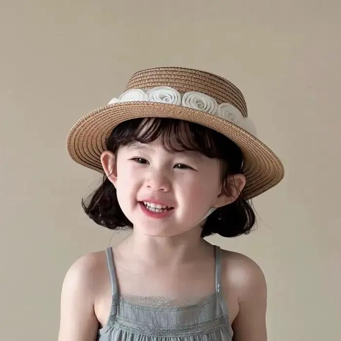 Nouveau été bébé casquettes de paille plage française fleur dentelle chapeau