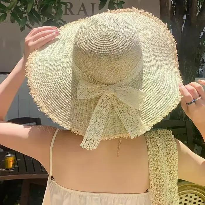 Chapeau de plage en paille surdimensionné pour femme avec nœud