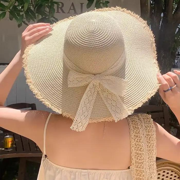 Chapeau de plage en paille surdimensionné pour femme avec nœud