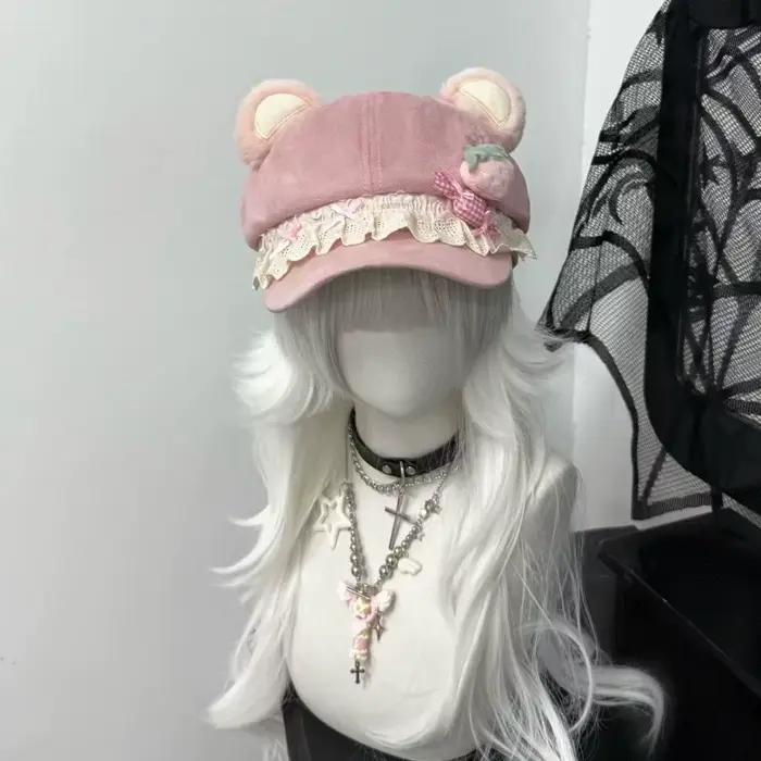 Casquette de baseball en peluche avec oreilles d'ours et dentelle
