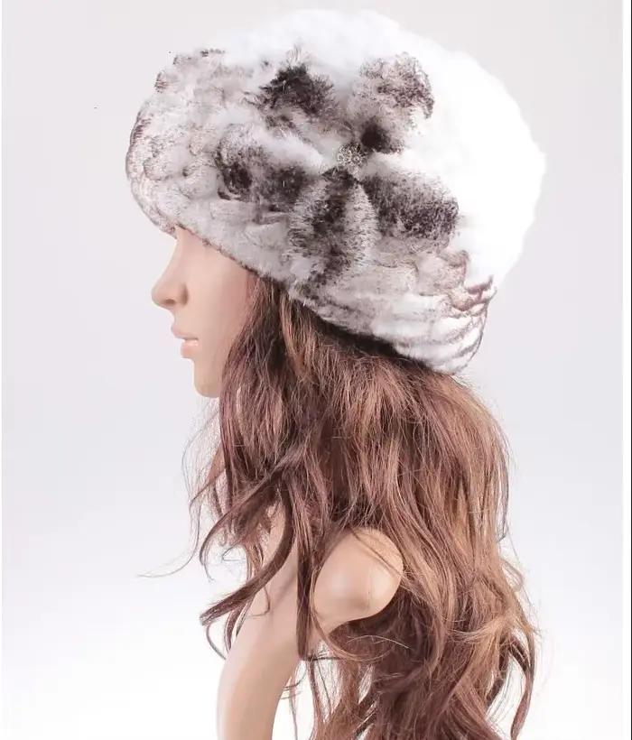 Chapeau en fourrure d'hiver chaud et tendance en tricot de poils de lapin Rex naturel