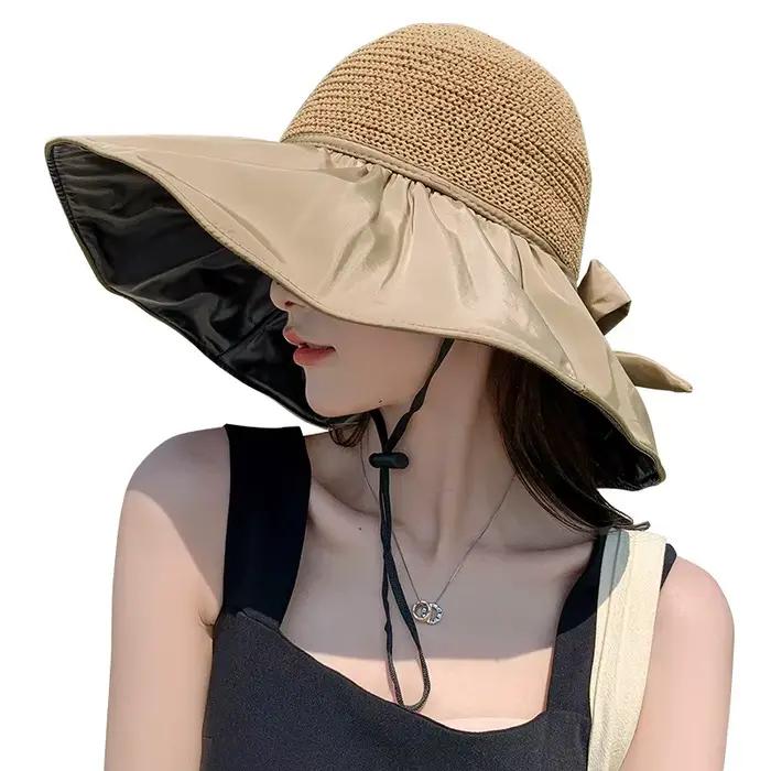 Chapeau de soleil d'été pour femme en paille tressée anti-UV 2025 avec large bord