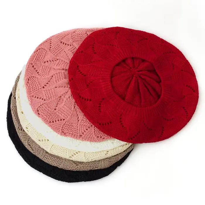Geebro femmes couleur unie tricot béret chapeau dames artiste français