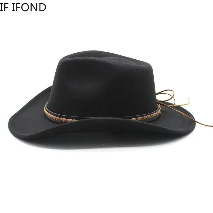 Chapeau de Cowboy occidental à bord enroulable d'hiver avec cuir rétro Gentleman dame Jazz Cowgirl casquette église Sombrero casquettes