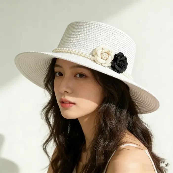 Chapeau de paille rétro de style français avec décoration en perles
