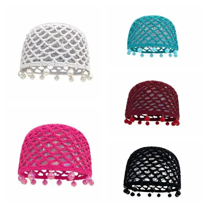 Mode perles rondes tricoté chapeau Crochet perle frangée tissé pour les femmes voyage polyvalent creux respirant rétro bonnets casquette