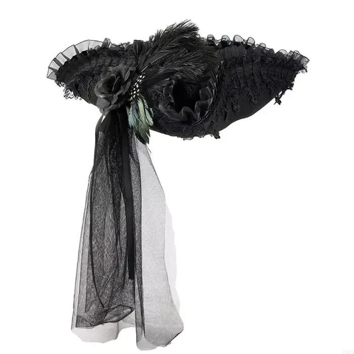 Chapeau tricorne pirate du 18ème siècle avec bordure en dentelle et voile long pour costumes coloniaux, événements Halloween et jeux de rôle d'aventure