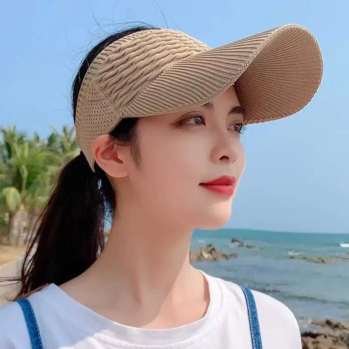 Mode plis conception femmes vide haut-de-forme été couleur unie grand bord crème solaire chapeau en plein air élastique tissu sport casquette de soleil