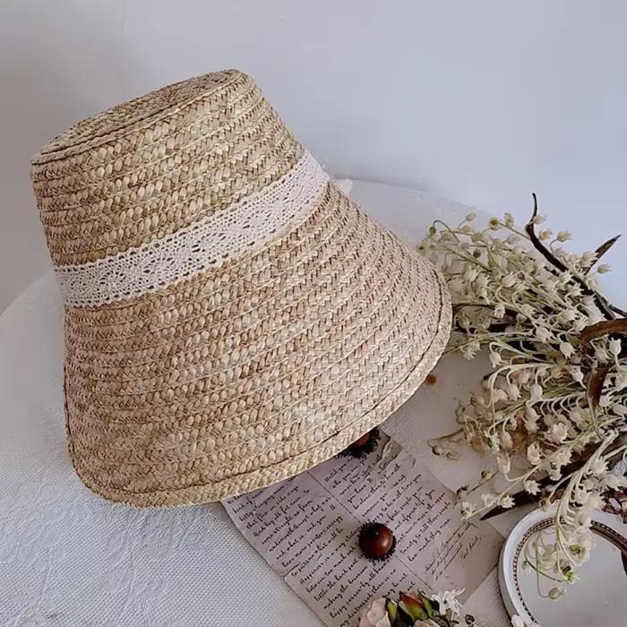 Chapeau de paille de style français avec lacets pour femme