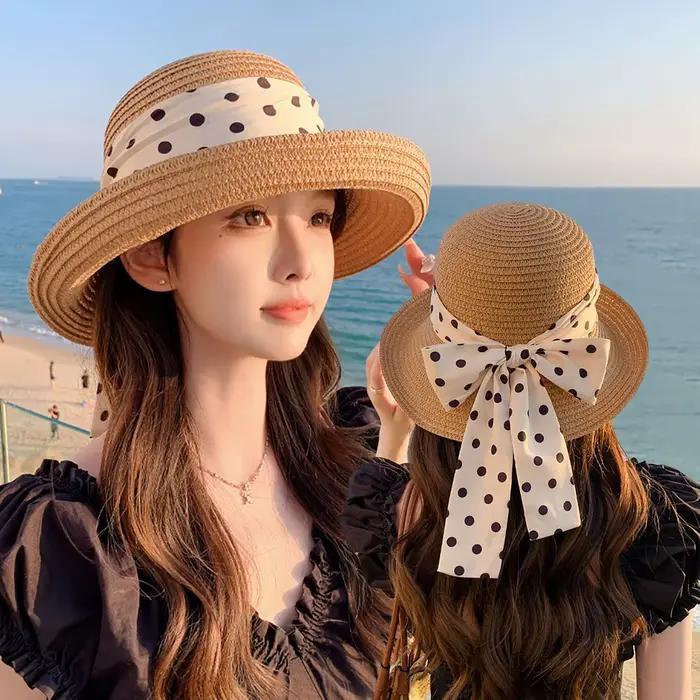 Chapeau de paille d'été à pois avec ruban pour femme