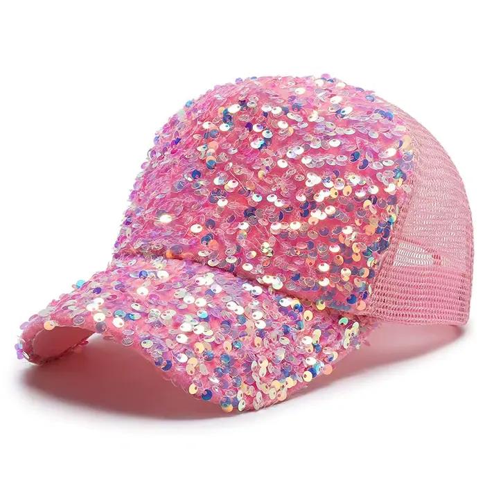 Casquette de baseball à paillettes scintillantes pour filles – Chapeau de soleil en maille respirante avec fermeture à rabat pour les activités de plein air décontractées du printemps/été
