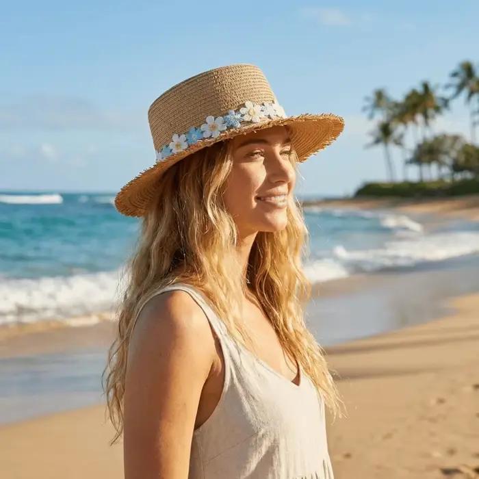 Chapeau de paille à large bord tendance avec fleur