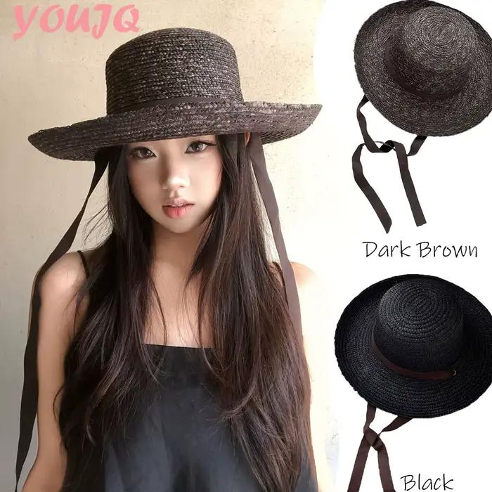 Chapeaux de paille élégants noirs à long ruban pour femmes