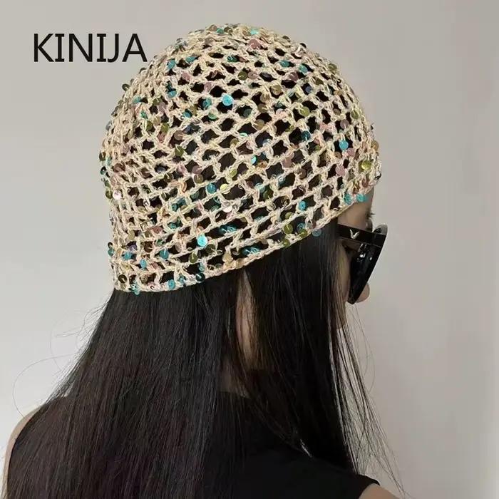 Bonnet tricoté ajouré à paillettes style Ins pour femme