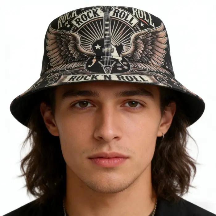 Chapeau Bob Double Couche Style Rock & Roll avec Imprimé Guitare