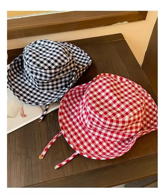 Chapeau de seau à carreaux vintage pour femmes, polyvalent, doux, à lacets, chapeau de pêcheur, été, grand bord, protection solaire, protection UV, plage