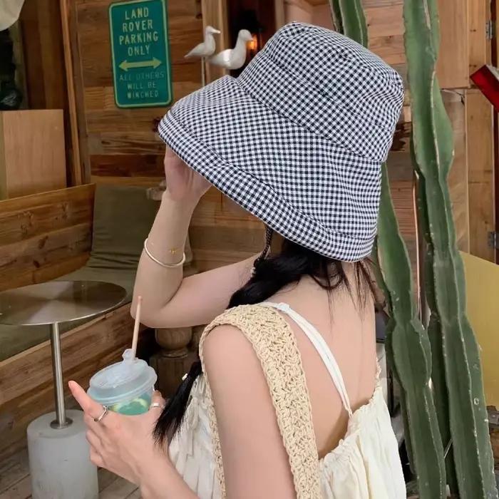 Chapeau de pêcheur à carreaux pied-de-poule protection solaire visière ample visage couvert style élégant occasion estivaleextérieur