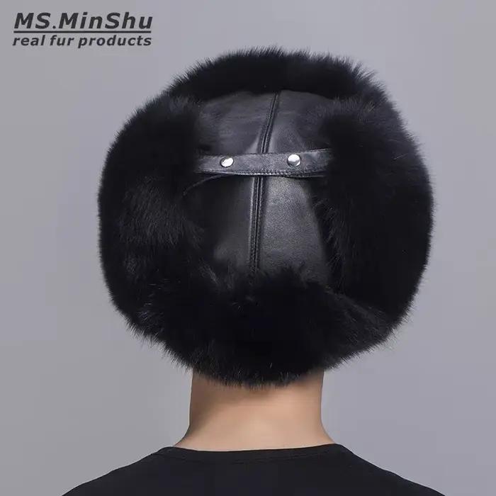 Ms.MinShu Véritable chapeau en fourrure de renard noir avec cuir de mouton unisexe hiver réglable oreillette
