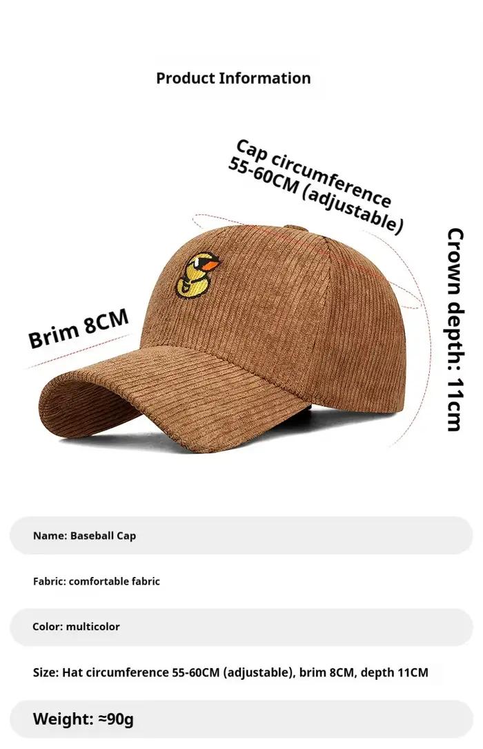 Casquette de baseball en velours côtelé canard jaune mignon broderie unisexe vintage chapeau de relance camping en plein air mode cadeau streetwear quotidien C