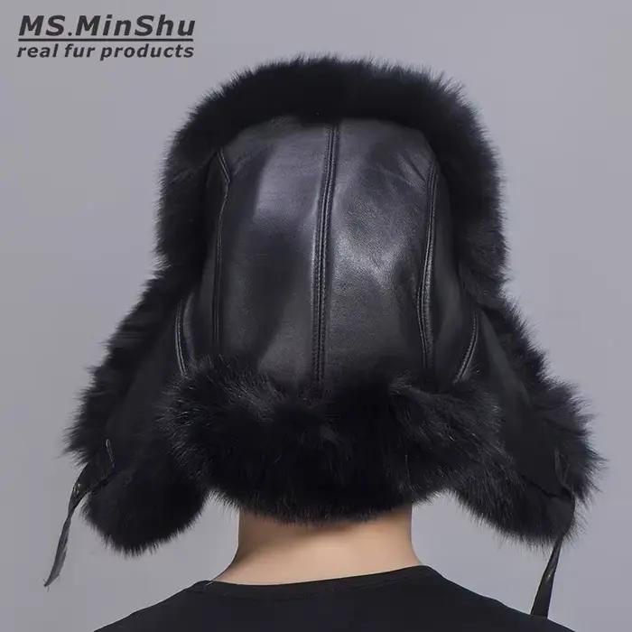 Ms.MinShu Véritable chapeau en fourrure de renard noir avec cuir de mouton unisexe hiver réglable oreillette