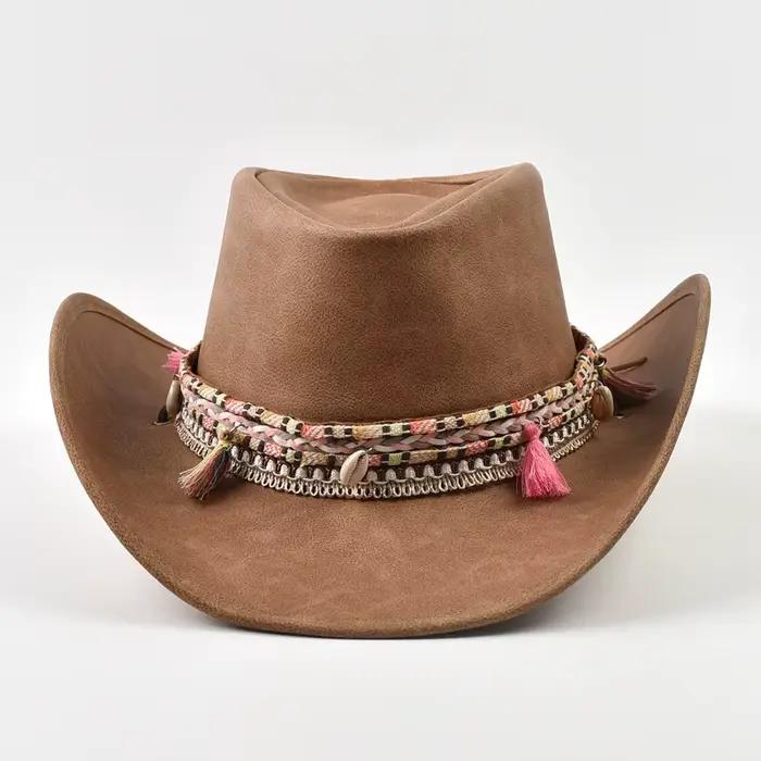 Nouveau 100% cuir hommes femmes Western Cowboy chapeau à large bord parrain chapeaux Gentleman église Sombrero Hombre Jazz casquette