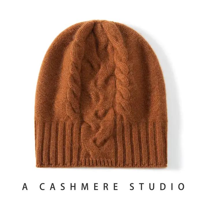 100% pur cachemire chapeau femmes hiver tricoté torsadé fleur casquette bonnets chaud doux tricot couvre-chef dame chapeaux oreille protéger Skullies