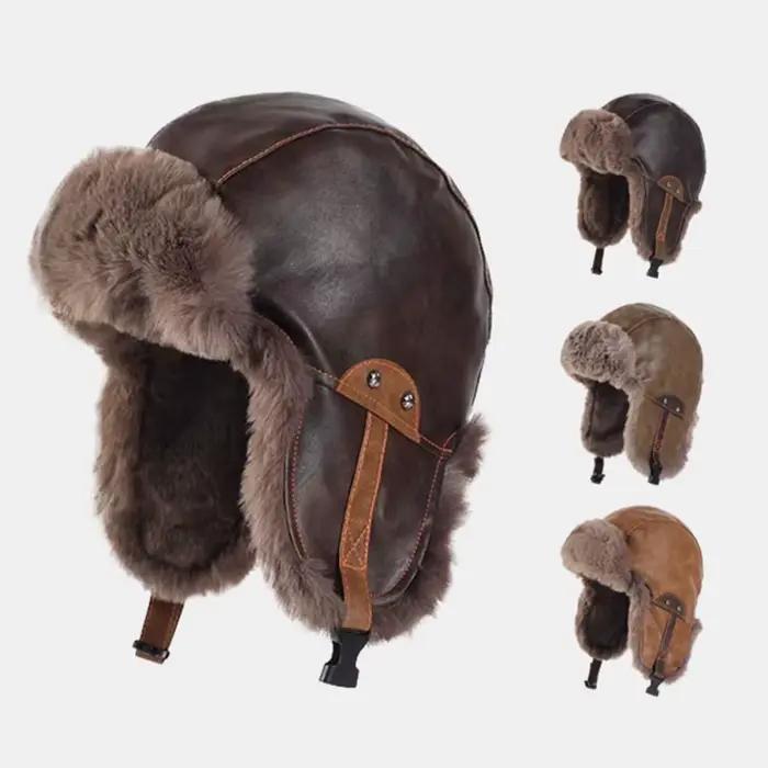 Chapeau d'hiver en faux fourrure et simili cuir style bomber pour homme et femme occassions hiver activités de plein air trappeur russe ushanka