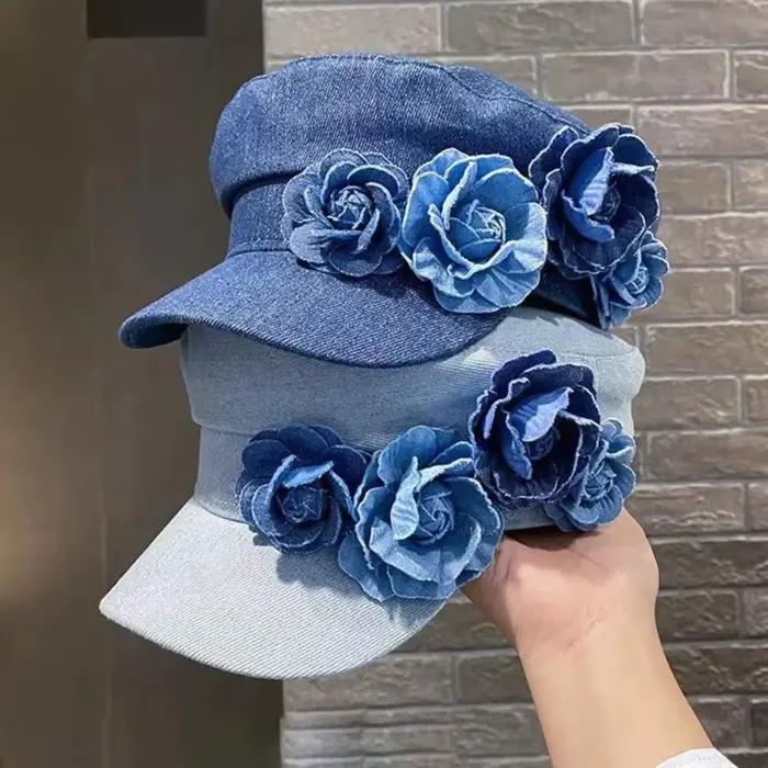 Mode Cowboy plat haut marine chapeau fleur grande tête taille Denim octogonale