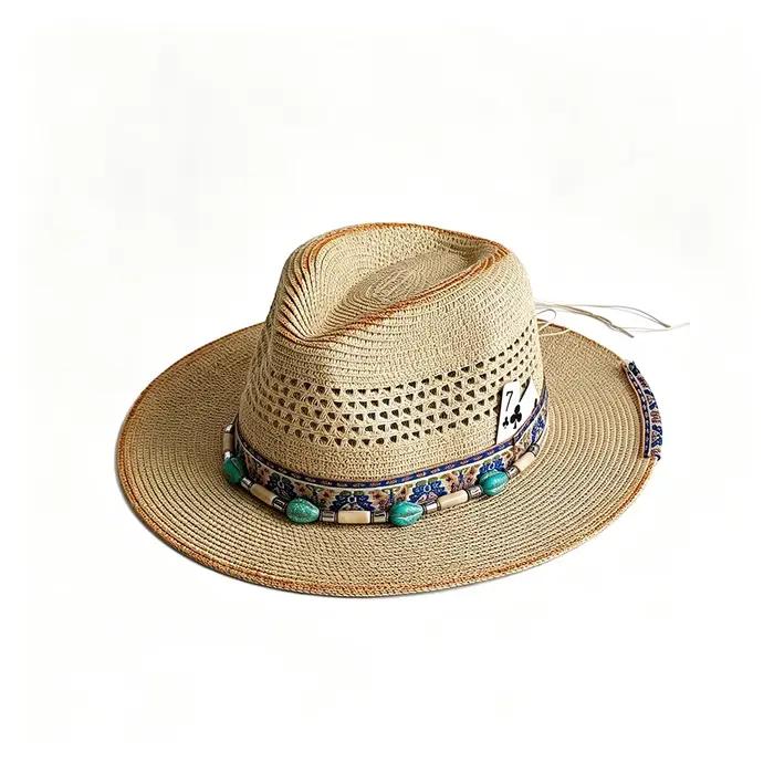 Chapeau de paille tressé vintage vieilli style panama large bord pour femmes et hommes été plage jeux de cartes occasionnels