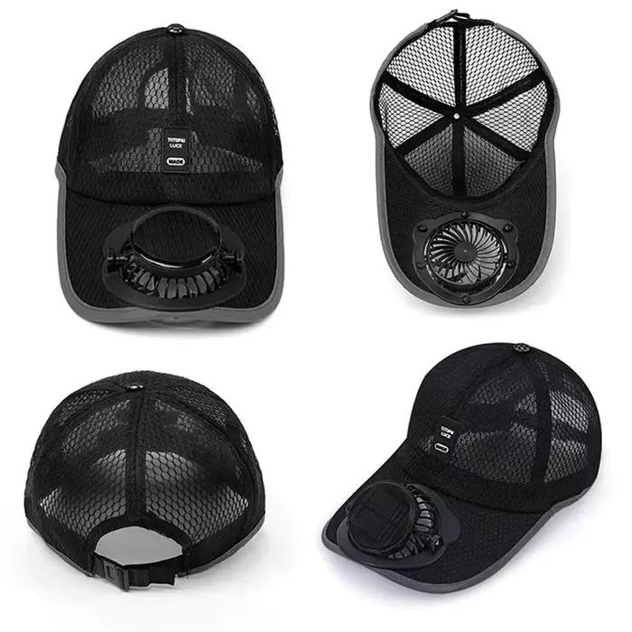 Chapeau solaire avec ventilateur USB protection UV double visière réglable polyester et lin pour plage et activités extérieures homme femme